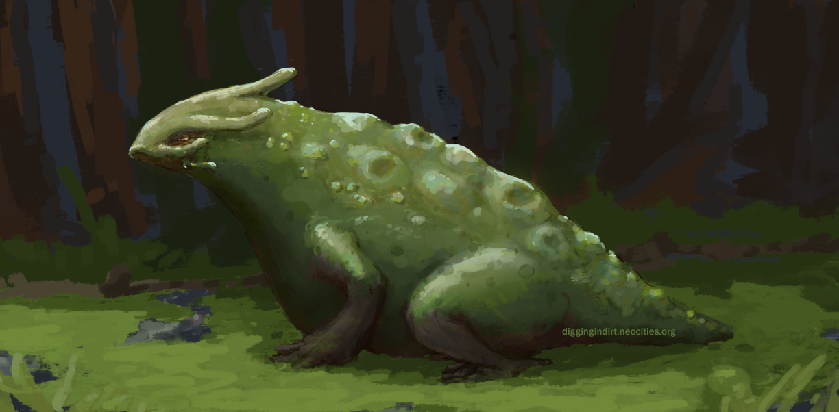 An ancient frog like creature sitting in a swamp environment